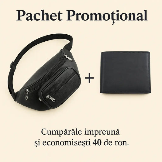 1+1 Borseta Ravo + Portofel Ascend Negru Piele Naturla